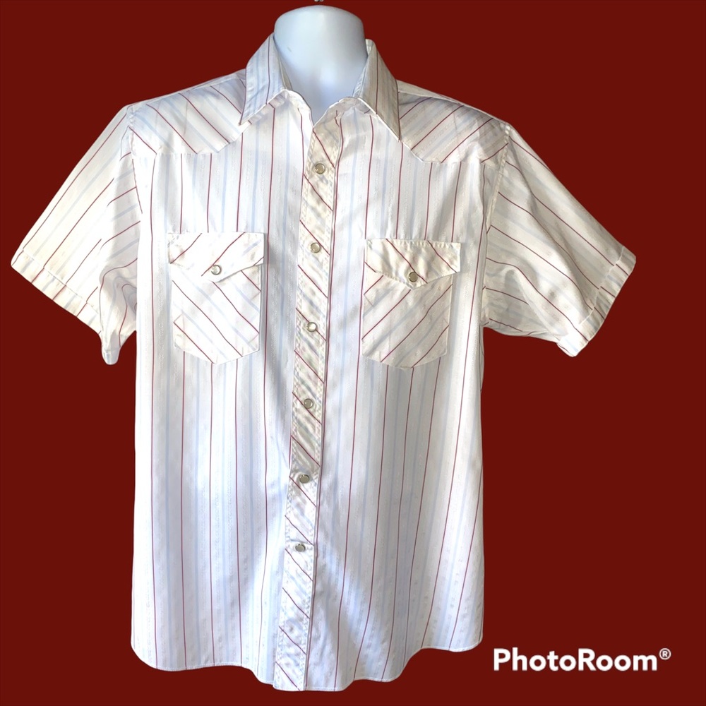 Vintage Wrangler Men's Large Western Pearl Snap Shirt Striped Red/White/Blue
